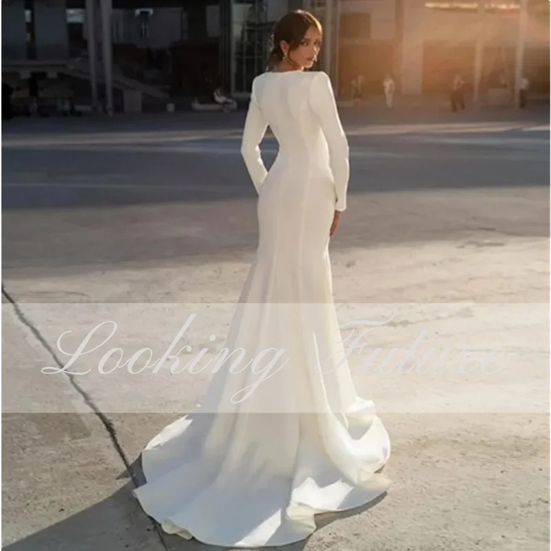 Simple White Beach Wedding Dresses Satin Long Sleeves Bridal Dress With train Sexy Deep V-Neck Beaded Boho Zipper Wedding Gowns