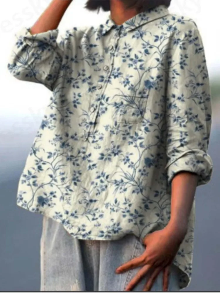 2025 Spring Autumn Women's New Long Sleeve Chinese Style Bamboo Hemp Fashion Printed Fashion Versatile Collar Shirt