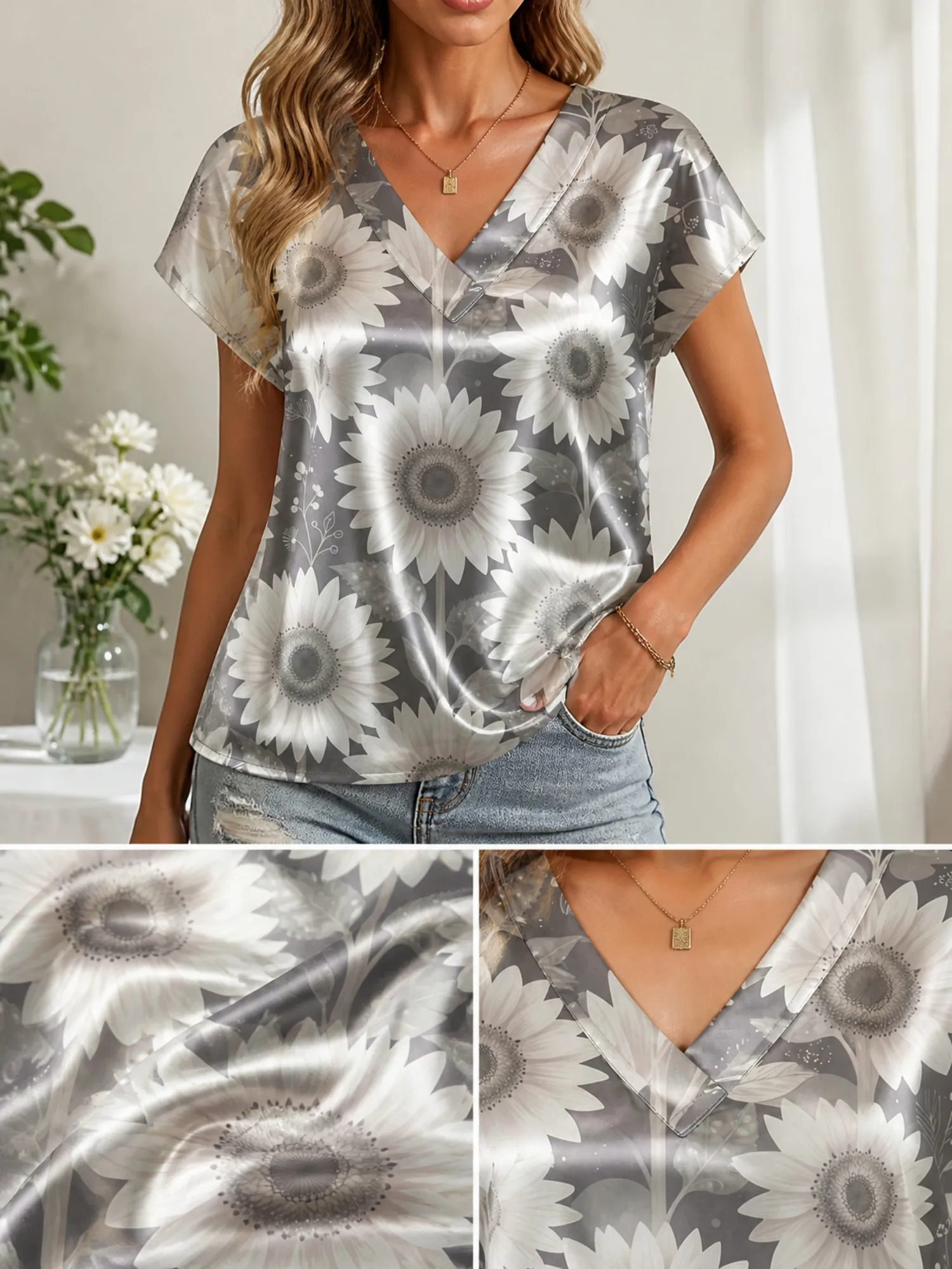 Floral Satin V Neck Top for Women Cap Sleeve Loose Draped Fit Silky Casual Summer Resort Wear Lightweight Breathable Drapey Glam
