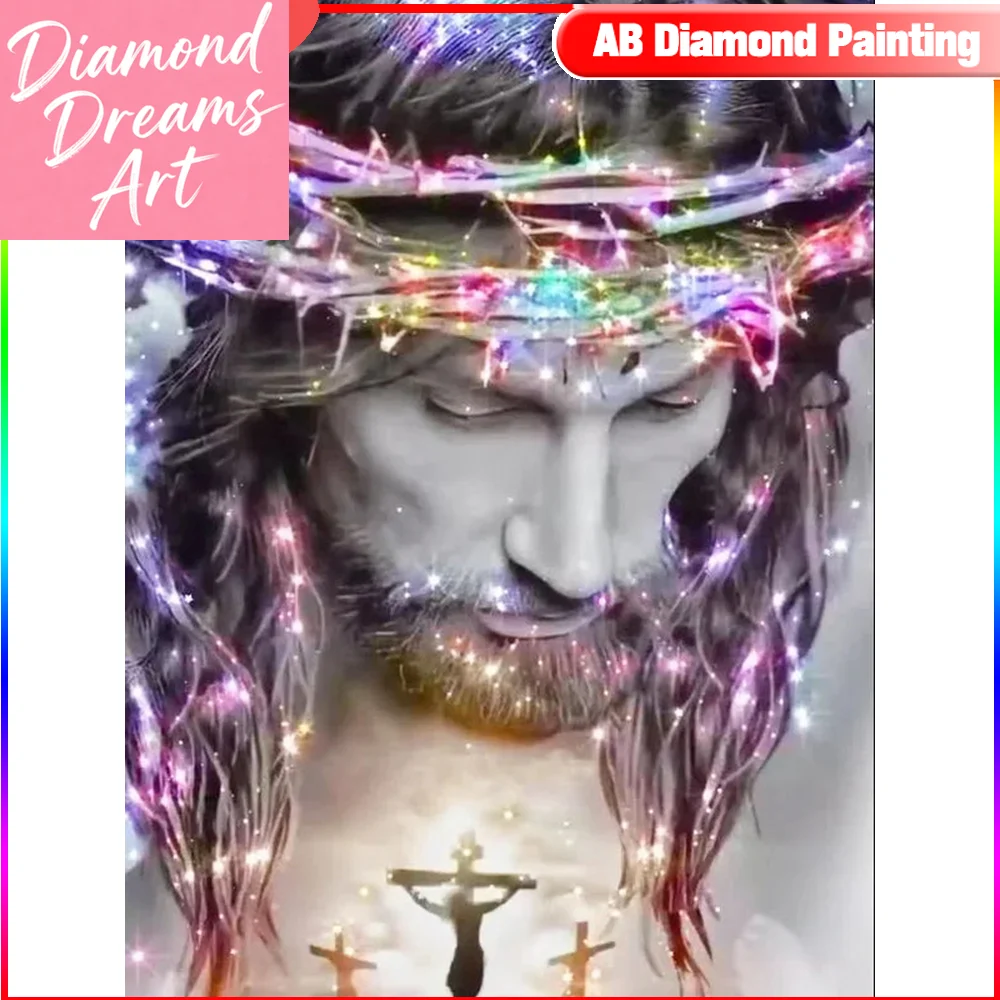 Kit Completo de Pintura Diamante Sem Moldura, Mosaico Completo Quadrado e Redondo com Temas Religiosos de Jesus para Decoração de Interiores