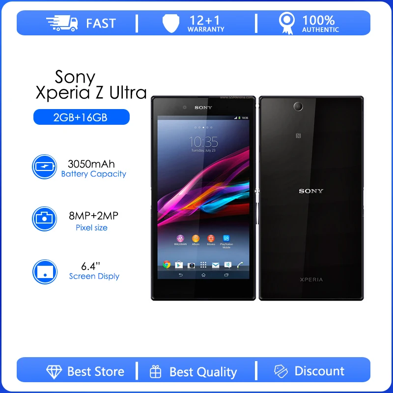 Оригинальный разблокированный сотовый телефон Sony Xperia Z Ultra LTE C6833, Восстановленный, 16 ГБ, 2 Гб, телефон с четырёхъядерным процессором, 8 Мп, 6,4 дюйма, Wi-Fi, GPS, 1080p