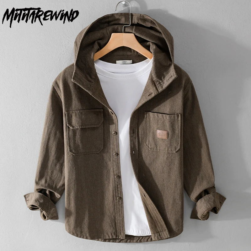 

Spring New Mens Long Sleeve Shirt Casual Loose Cargo Shirts American Retro Hooded Shirt with Pocket Youth Trend Camisa Hombre