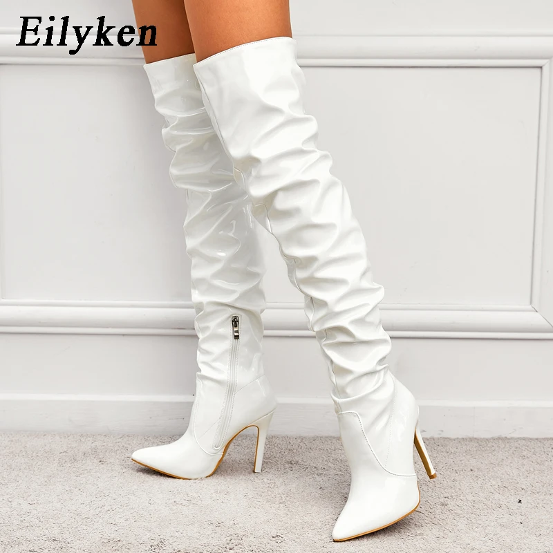 Eilyken 2024 New Thigh High Boots Fashion Patent Leather Pointed Toe Zip Female Stiletto Heels Pleated Design Women\'s Shoes