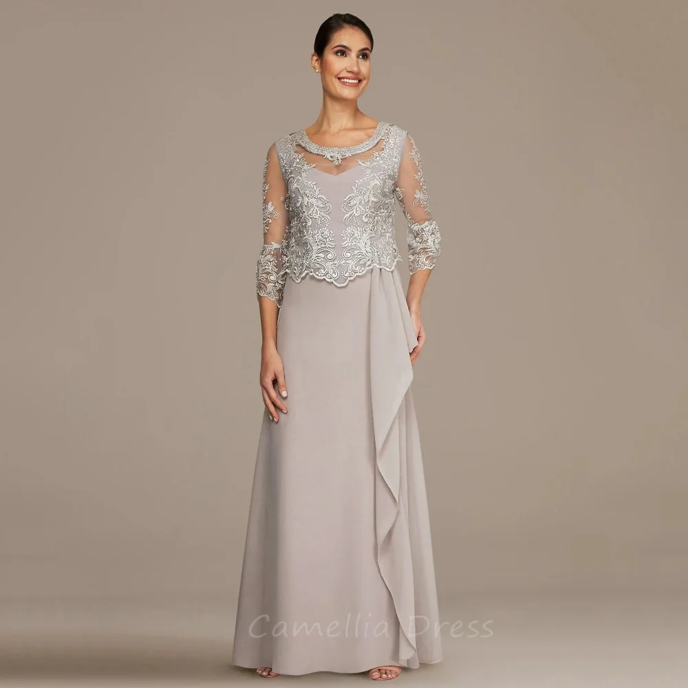 Mother of the Wedding Dress Customized A Line Chiffon Formal Gown O Neck Lace Evening robe invite mariage