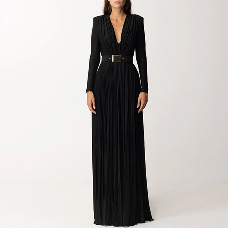 Sexy High Waist Belted Ruched Pleated Luxury Dresses Women Spring V Neck Split Party Long Dress Fall Long Sleeve Boho Maxi Dress