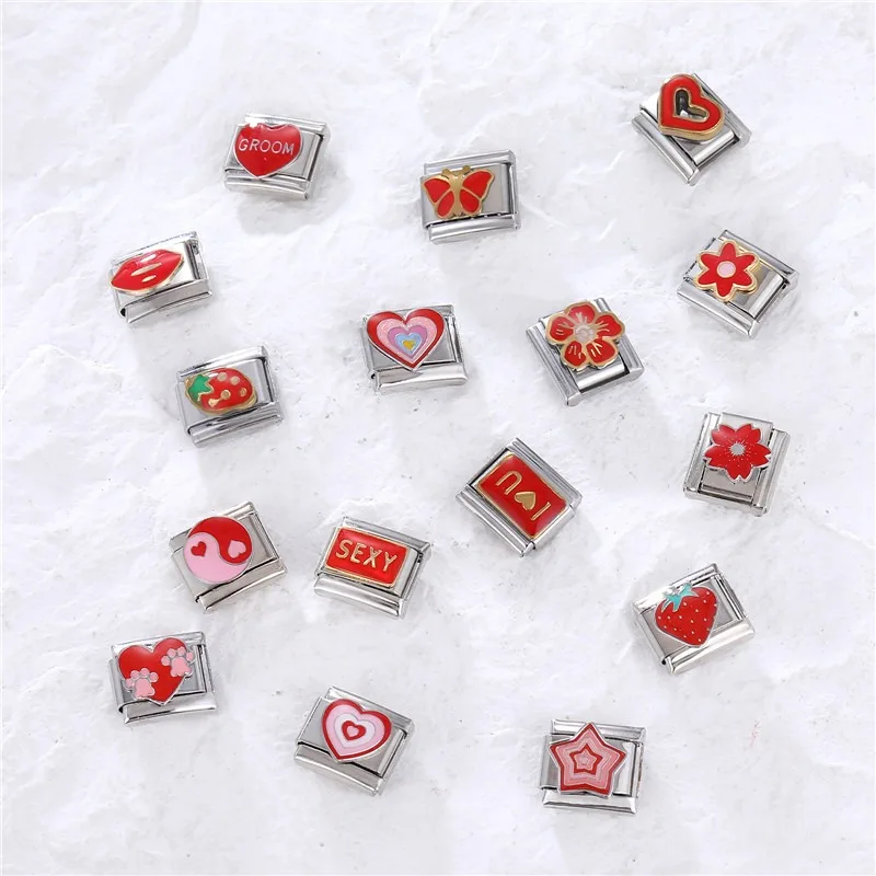 Romantic Y2k Colour Heart Star Flower Italian Charm Links Fit 9mm Stainless Steel Bracelet Jewelry DIY Making Gifts