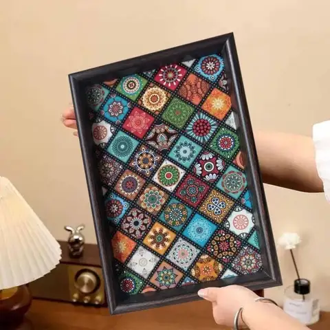 Bohemian Style Wooden Tray Handmade Square Snack Tray 30x20cm Jewelry Storage Tray for Desktop Foyer Decoration Home Storage