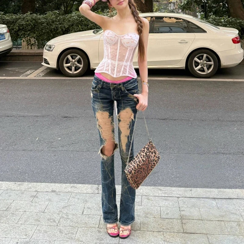 

Джинсы с американской талией в стиле ретро, женские джинсы Y2K Millennium, сексуальные утягивающие брюки длиной до пола, повседневные брюки с низкой талией и широкими штанинами на молнии