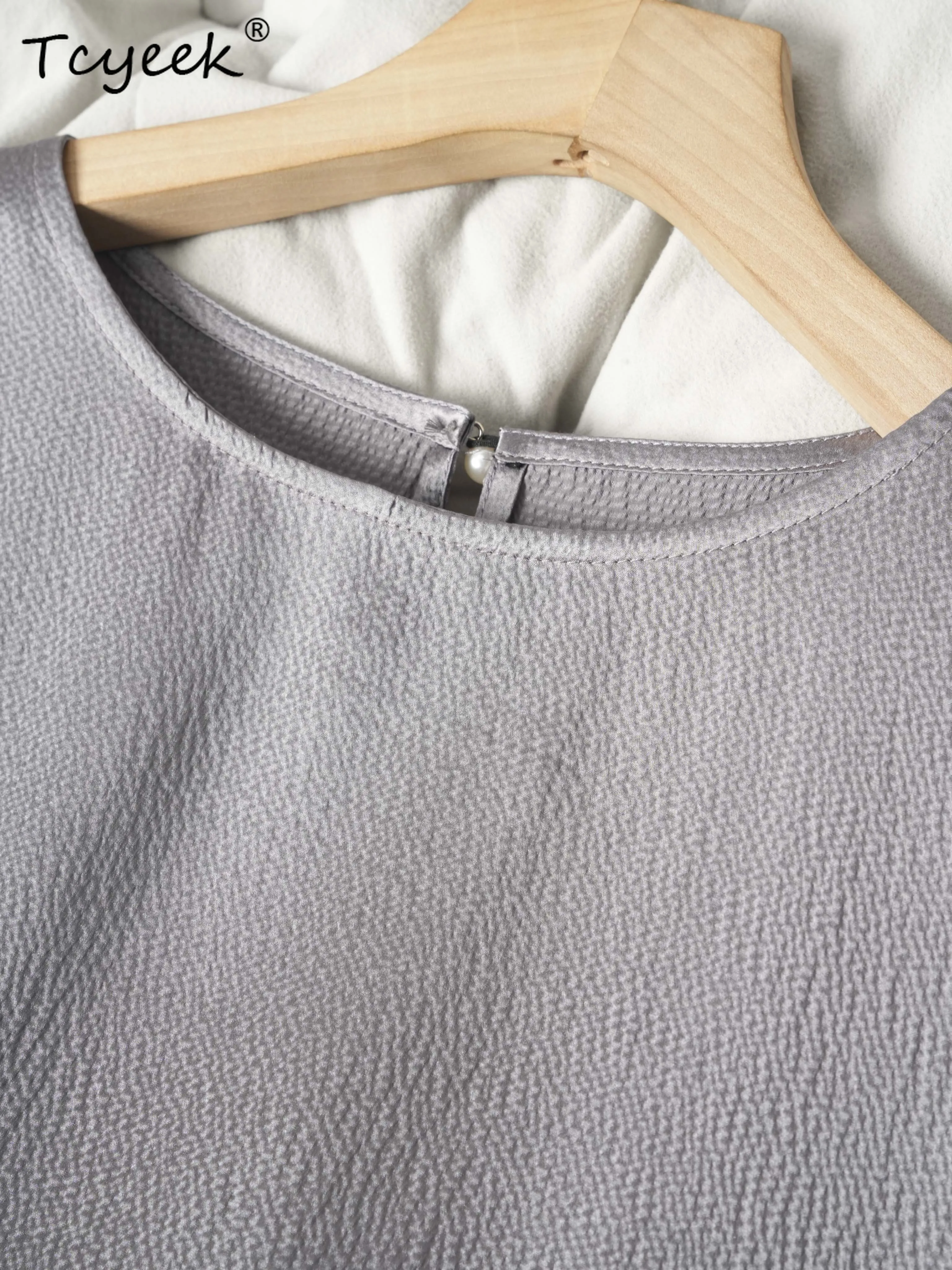 Tcyeek 100% 멀 베리 실크 봄 여름 라운드 넥 박쥐 7 쿼터 슬리브 솔리드 컬러 스트레이트 튜브 여성 티셔츠 Топ Женский