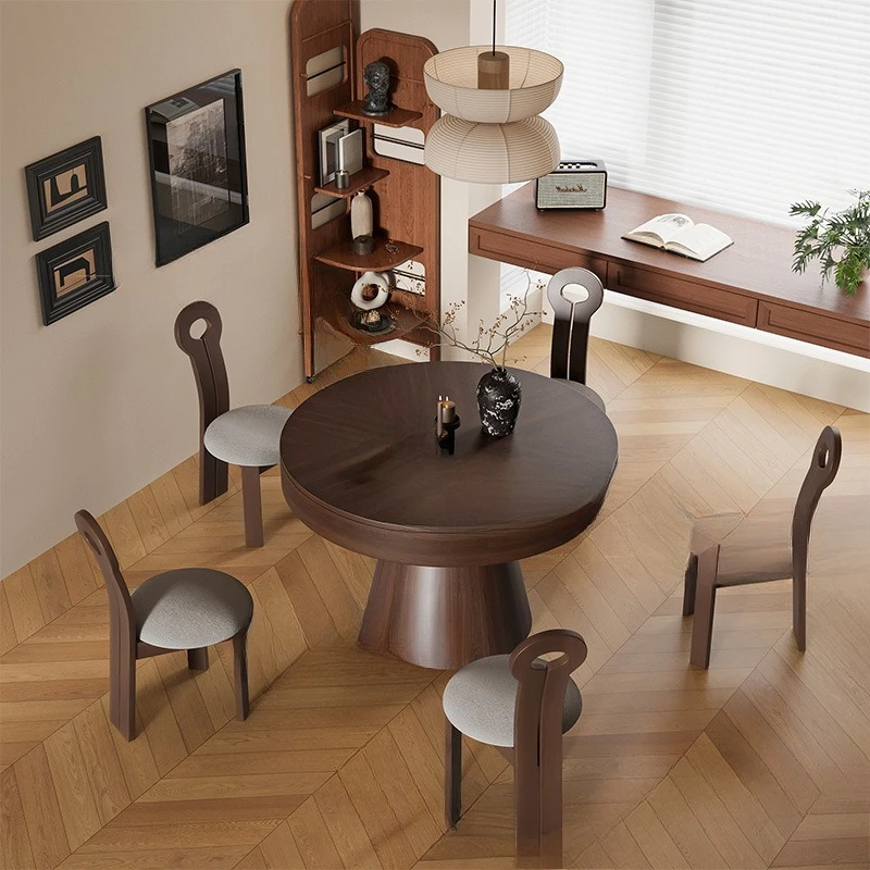 Designer deformation round table medium antique solid wood rotating retractable dining table small apartment French retro foldin