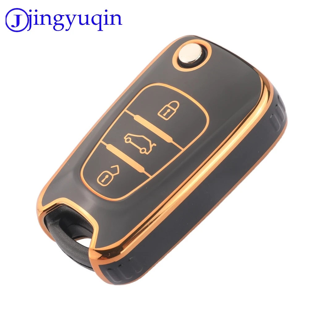 Casing Pelindung Kunci Mobil TPU jingyuqin Untuk Kia B/Hyundai E - Tanpa Lubang - Mengkilap, trim emas hitam Putih abu-abu - garis samping