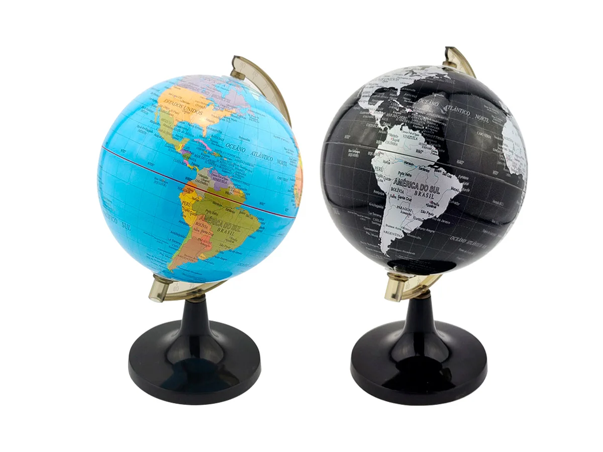 KIT Globo Terrestre 14cm Giratório Mapa Mundi em Português Escolar Base Preta Removível