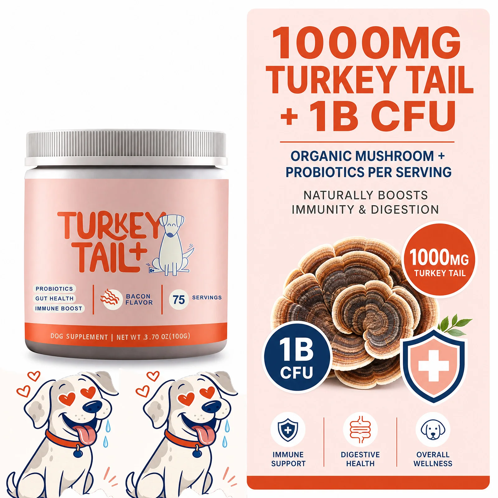 Dog Probiotic Soft Granules with Turkey Tail Mushroom&Vitamin Bacon Flavor Digestive Supplement Gut Health Daily Pet Nutrition