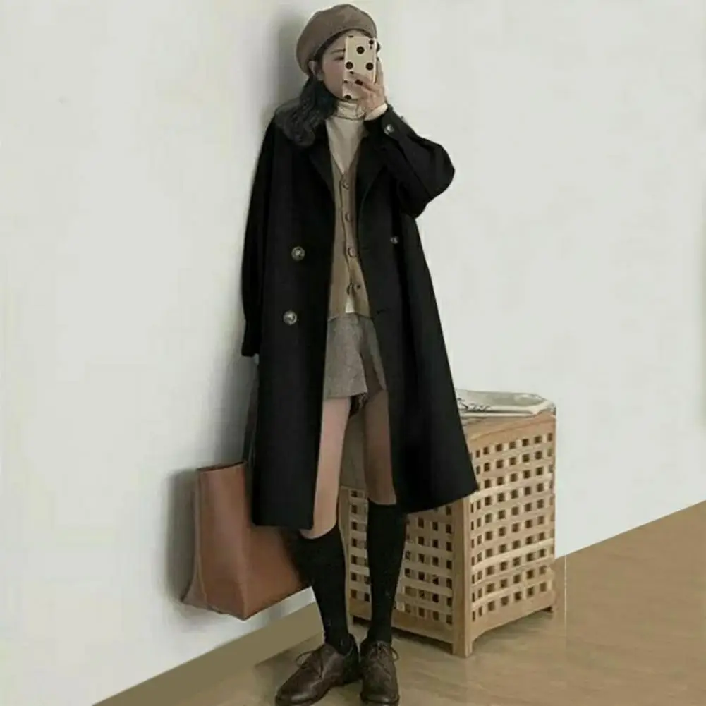 Женская шерстяная ветровка, стильное женское зимнее пальто с отложным воротником, двубортные дизайнерские карманы для поездок на работу