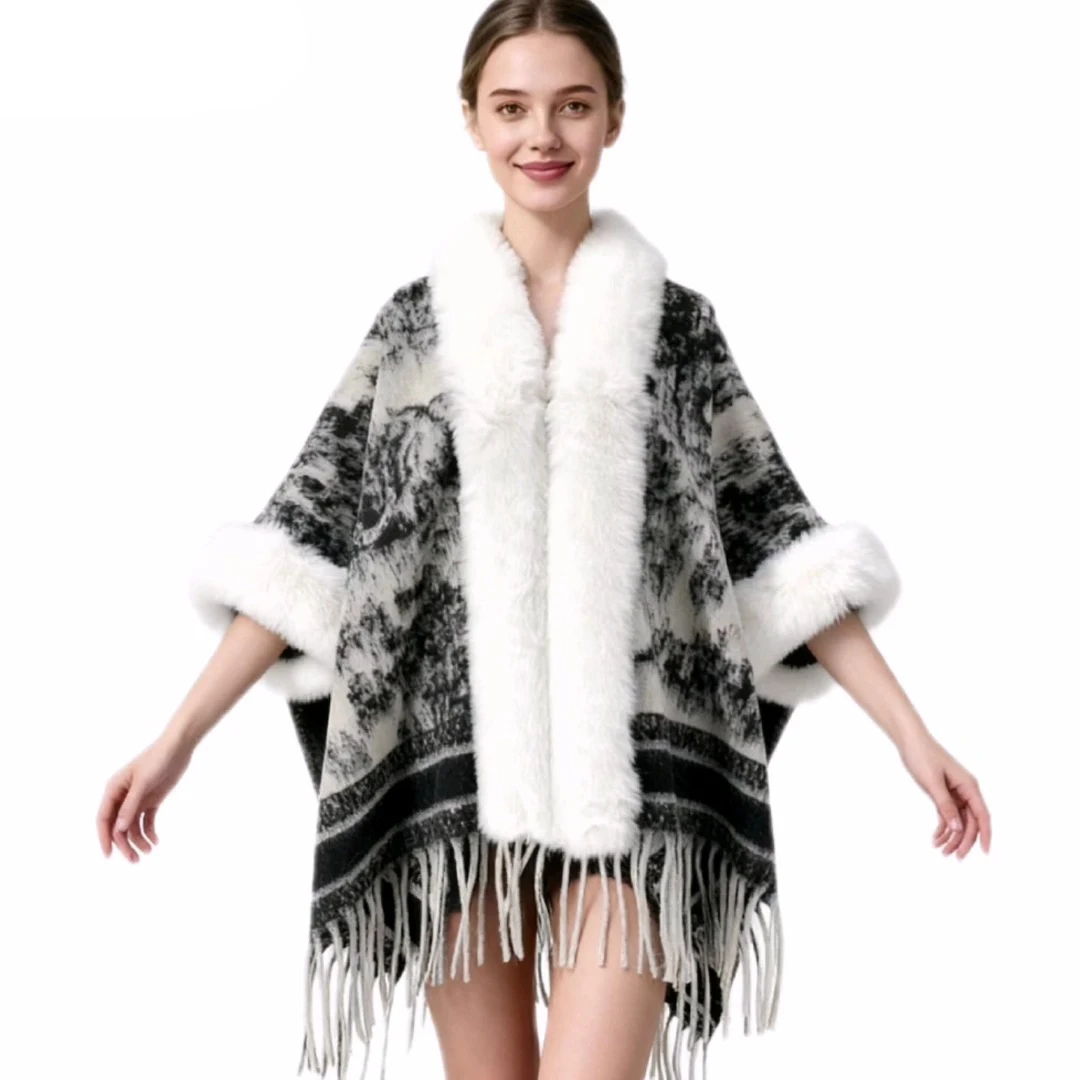 Lady Knitted High-end Shawl Cape Retro Elegant Ethnic Style Cloak With Fringes Soft Wool Warm Faux Fur Collar Shawl Poncho Coat