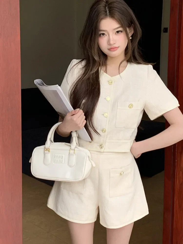 Women's Elegance Fashion 2 Piece Pant Sets 2025 Summer New Small Fragrant Short Sleeved Coat High Waist Shorts Two Piece Set