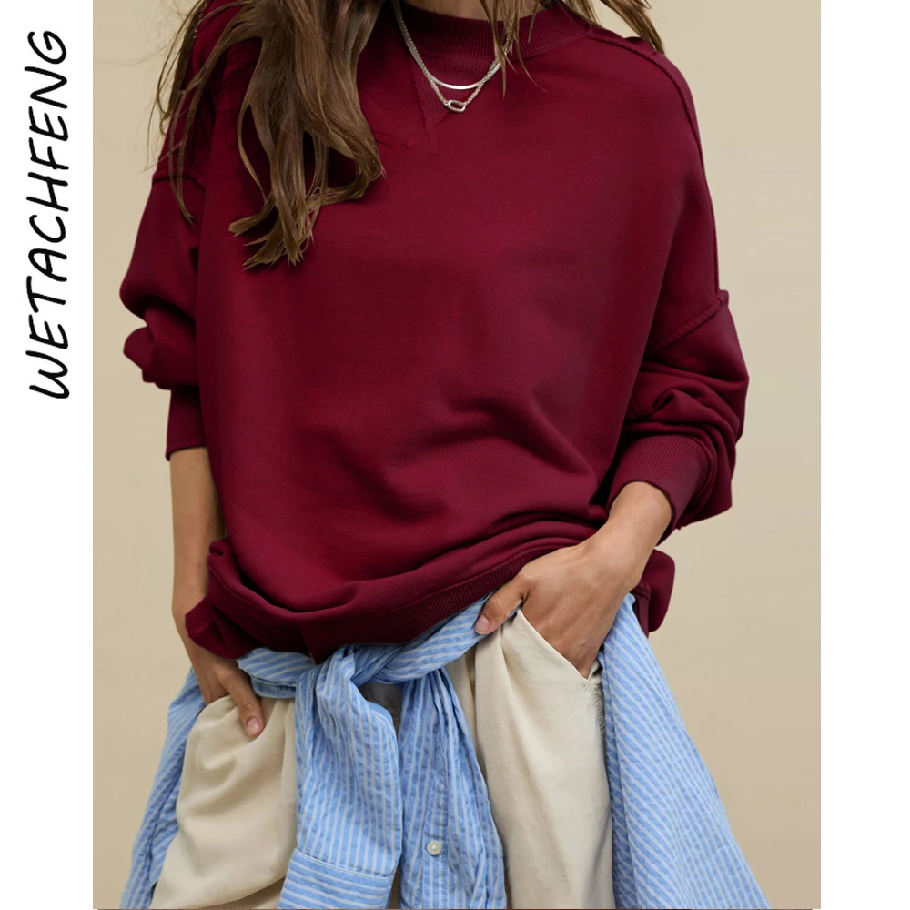 Loose Casual Red Women Hoodies Streetwear Line Decoration O Neck Long Sleeve Knitted Ribbed Autumn Pullovers Sweatshirts Clothes