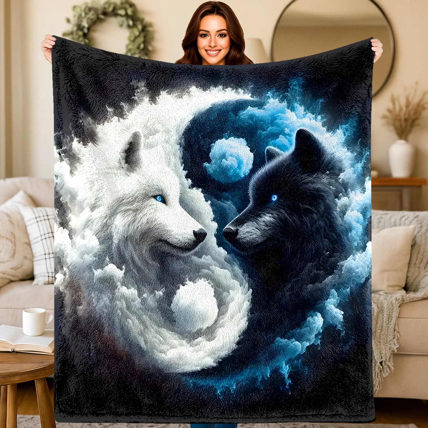 Mystic Yin Yang Twin Wolves Blanket  Fantasy Sky Cloud Wolf Flannel Throw Blanket Spiritual Animal Blanket Gift for Wolf Fans