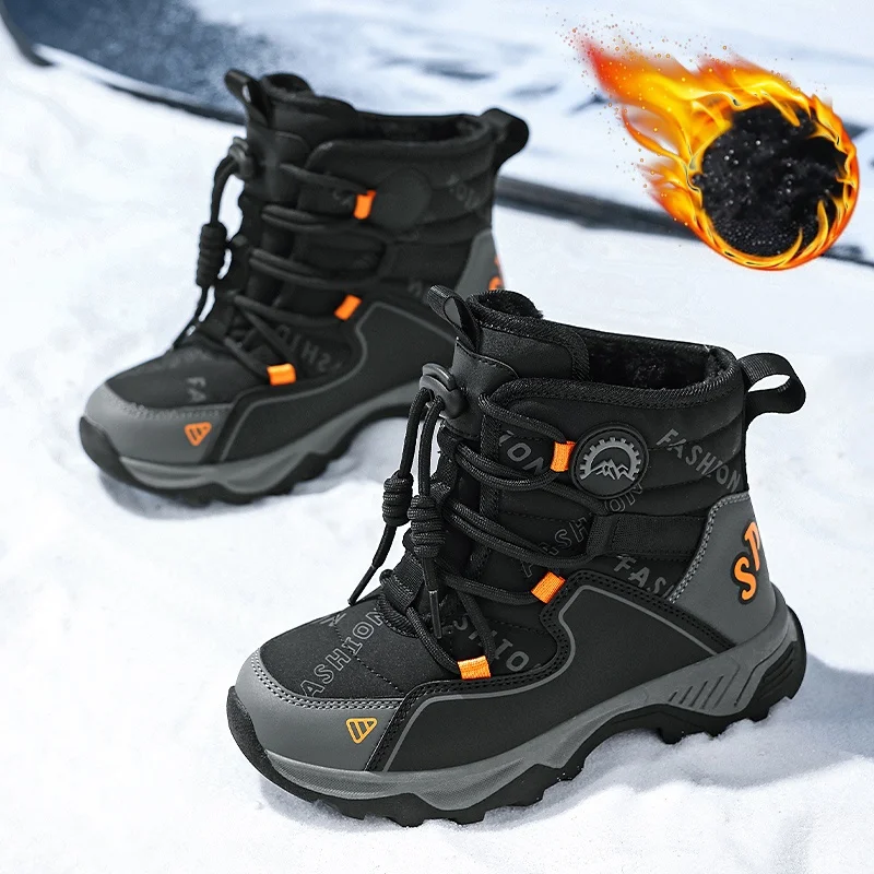 Kids Winter Snow Boots Waterproof Anti-Slip Warm Plush Lined High-Top Outdoor Trekking Boot for Boys Girls Weather Cotton Boots