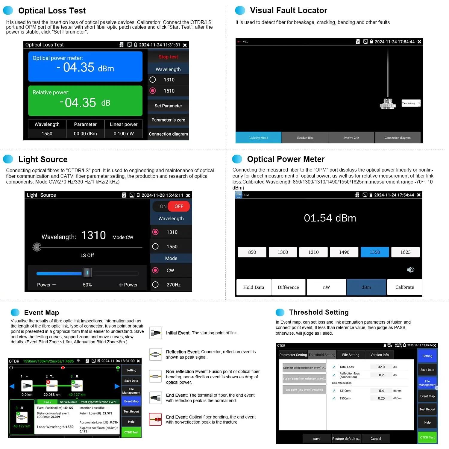 MOT-73 OTDR Tester 1310/1550nm 28/26dB 7" Touch Screen with VFL OPM Light Source Optical Loss Test RJ45 Cable Network Tools