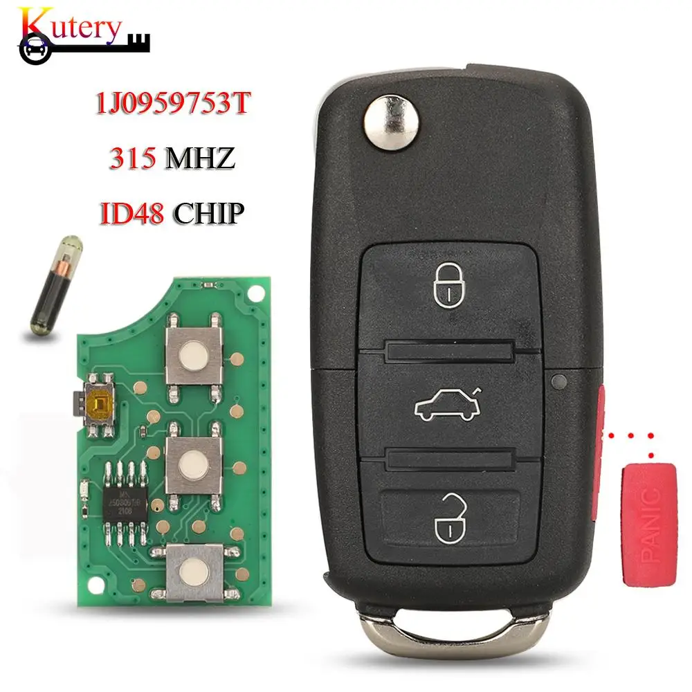 

jingyuqin 1J0959753T Remote Car Key For VW Volkswagen Beetle Golf Jetta GTI Passat 4 Buttons 315MHZ ID48 Chip