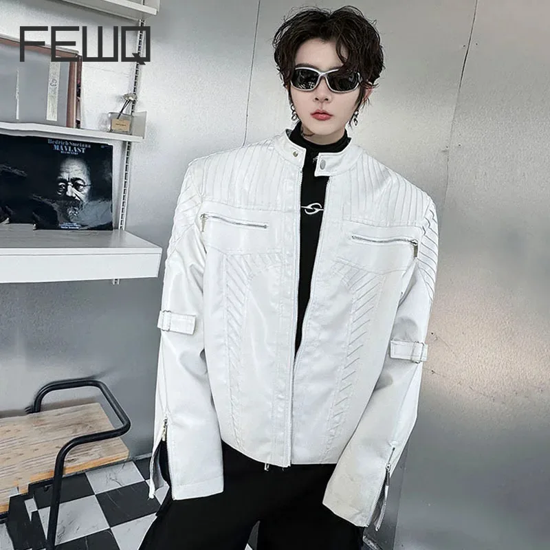 

FEWQ Stand Collar Male PU Leather Jackets Solid Color High Street Pleated Zipper Decoration Men's Short Coats Spring New 9C4673