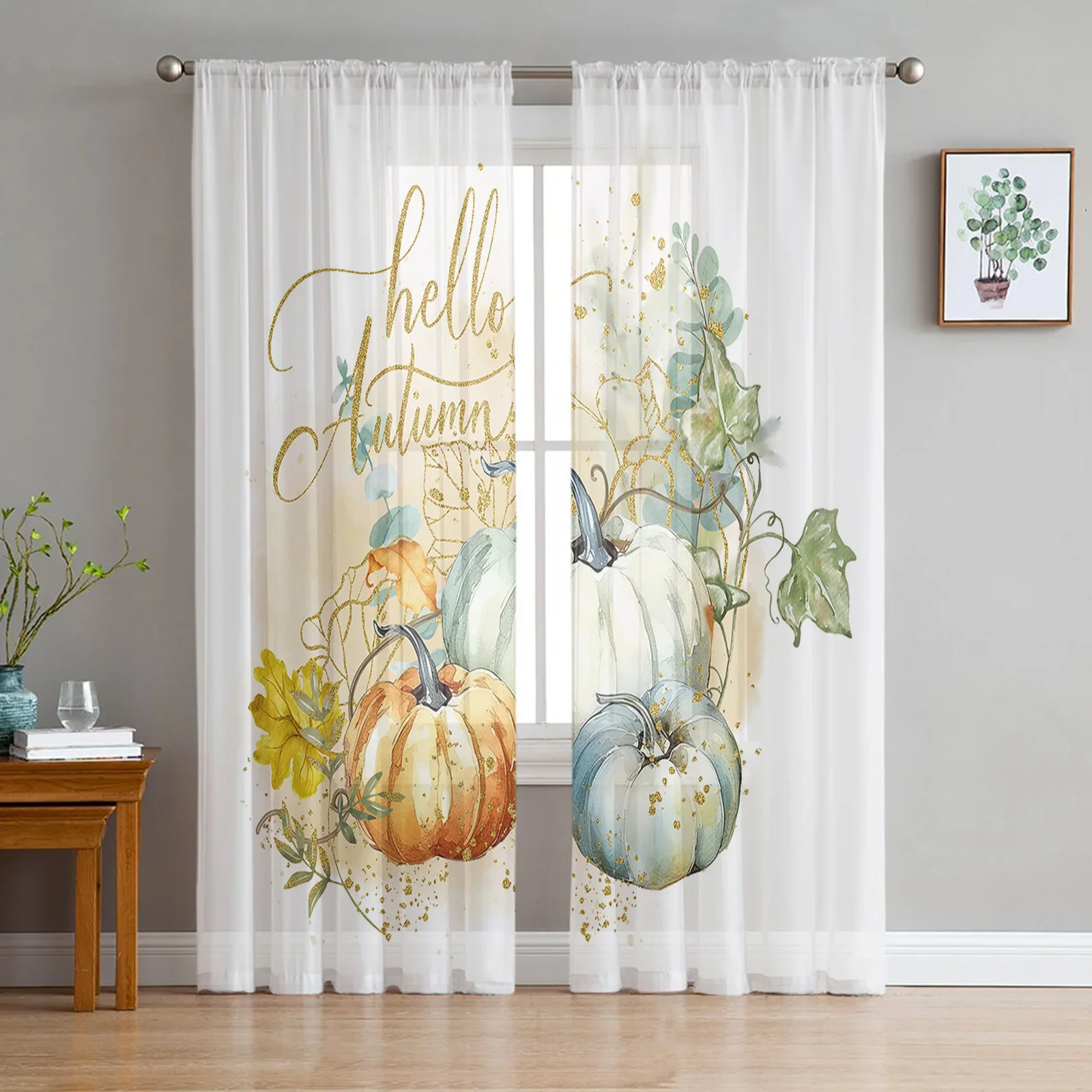 Thanksgiving Pumpkin Hand-painted Leaves Living Room Transparent Tulle Window Curtain Bedroom Kitchen Decor Veil Drapes Curtains