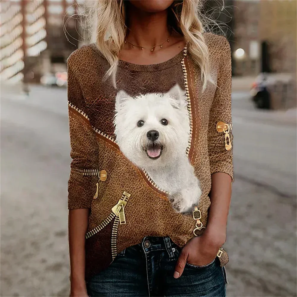 2023 New Women\'s 3D T-shirt O-neck Long Sleeve Cat Puppy Fashion Animal Cute Pet Print Large Casual Street Wear Oversize Ootd