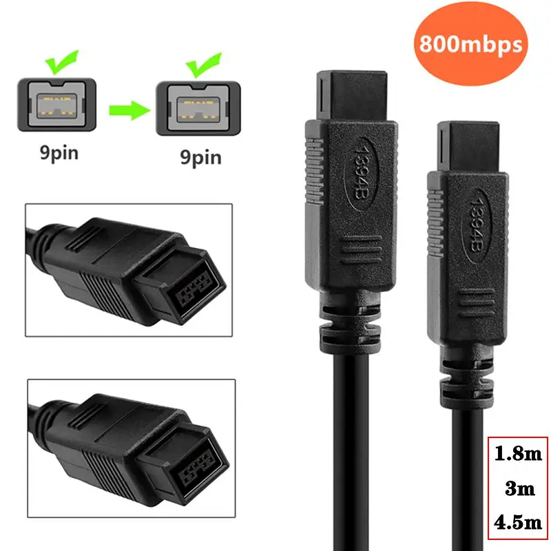 1.8m 3m 4.5m IEEE 1394 Firewire 800 to Firewire 800 Firewire 9-Pin Male to 9-Pin Male Data Cable 1394 Black Wire Double Shielded