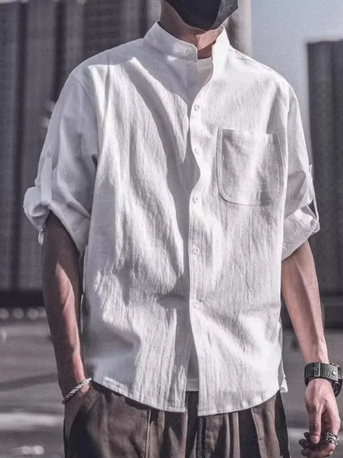 

Lightweight Cotton Linen Short Sleeve Shirt Men's Stand Collar Retro Hong Kong Style Seven Sleeve Breathable Summer Shirt