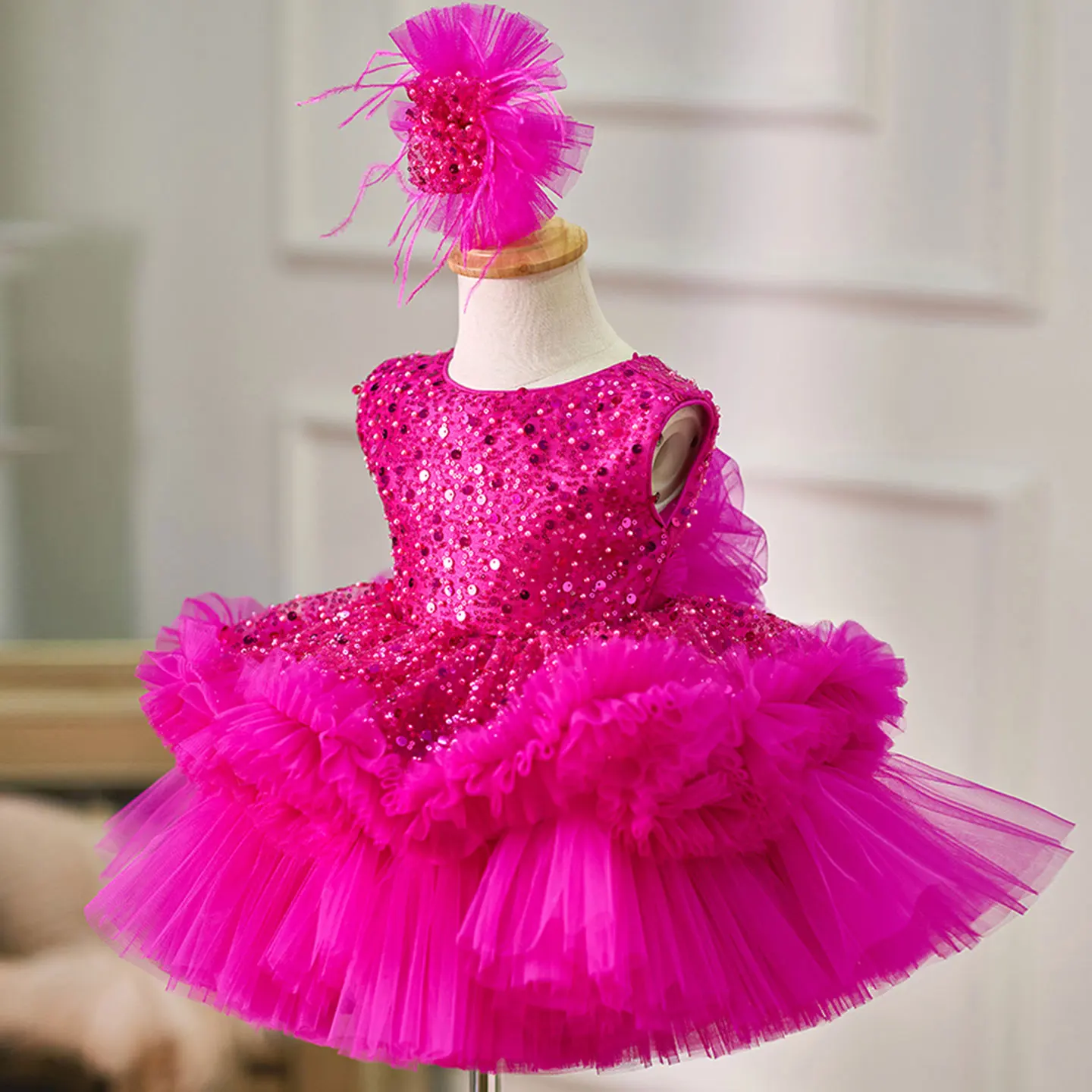 Jill Wish Elegant Fuchsia Baby Beading Lace Flower Girl Dress with Bow Knee Length Princess Wedding Birthday Party Gown J049