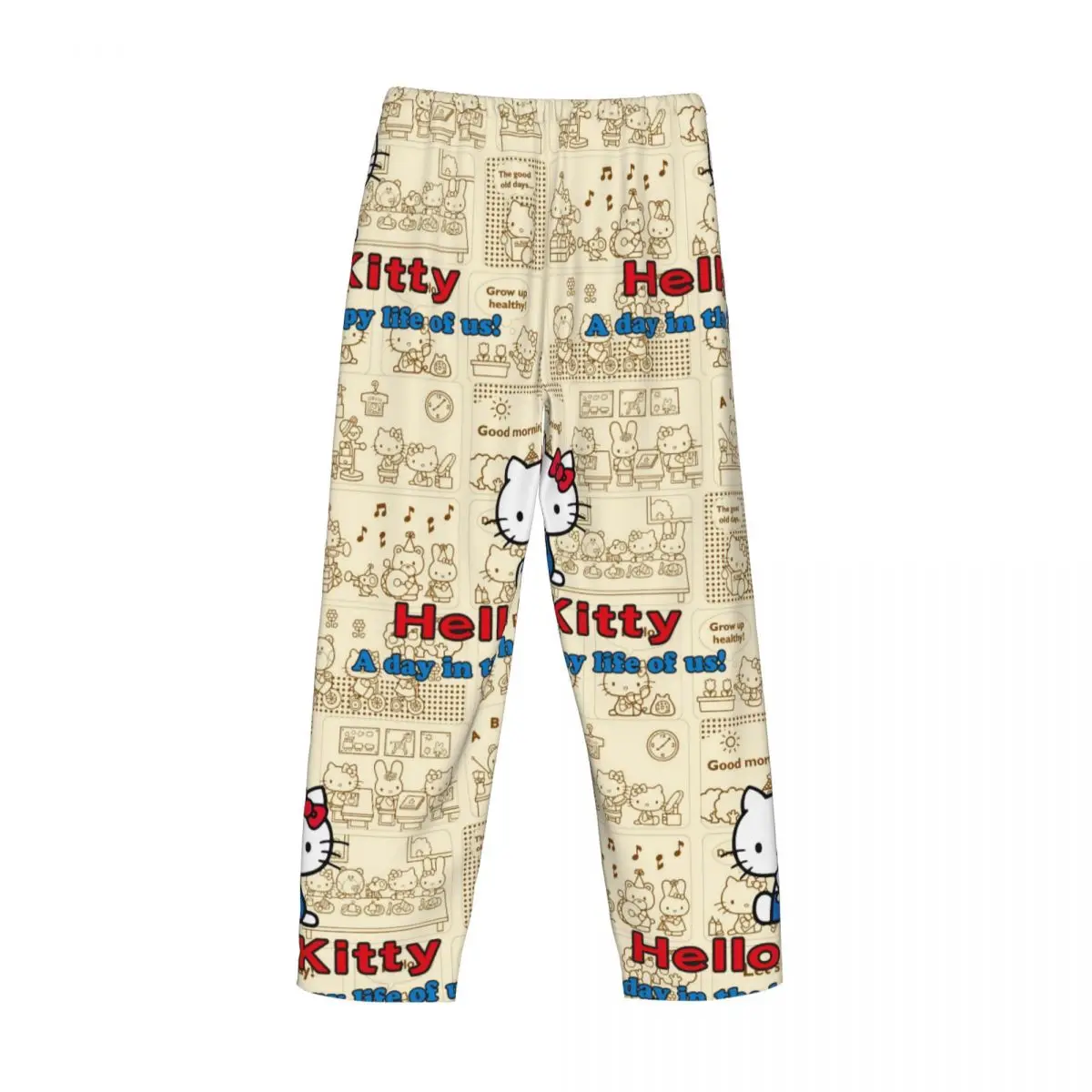 Custom Mannen Cartoon Anime Hello Kitty Strik Pyjama Broek Print Slaap Nachtkleding Broek Met Zakken