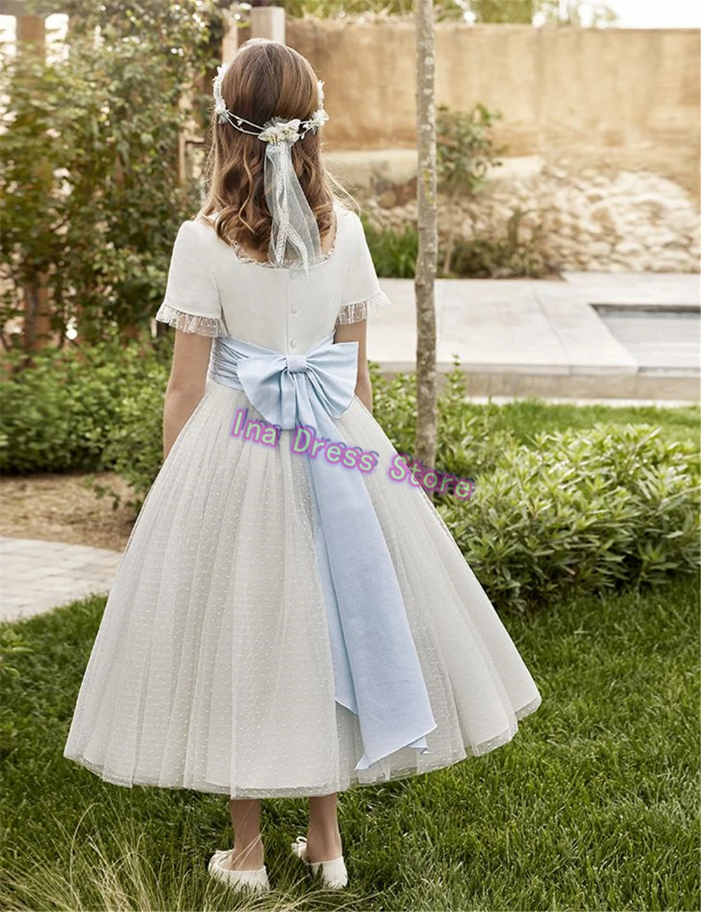 New Elegant First Communion Gowns Tulle Lace Short Sleeve Wedding Flower Girl Dress Little Princess Girls Birthday Evening Gowns