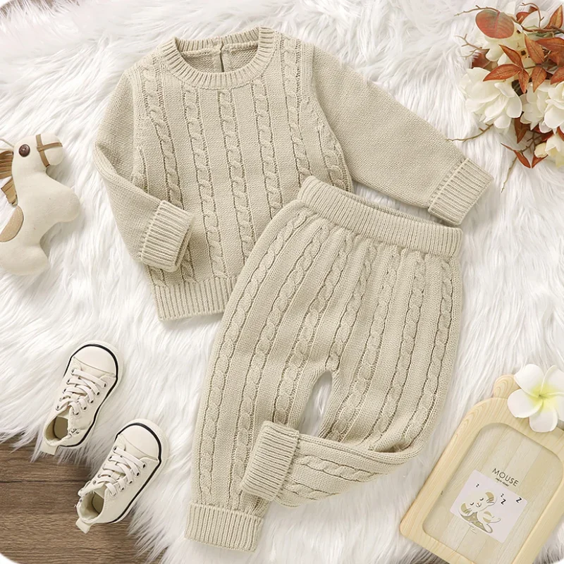 Sweaters Shirts+Pants Infant Boys Girls 2pcs Outfits Winter Outwear 0-18m Baby Clothes Sets Autumn Solid Camel Long Sleeves Knit