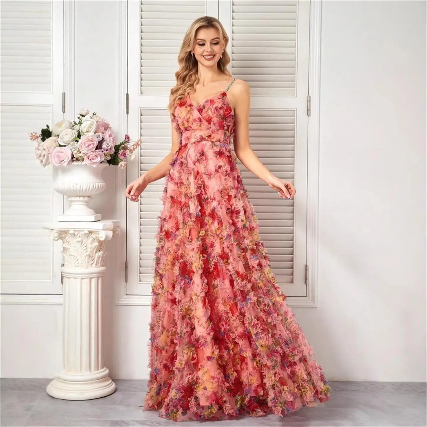 Long Floral Lace Evening Dr Slim Fit Chiffon Maxi Par Dr Tee Quarter Sve V Ne Gown for Women's Gathering