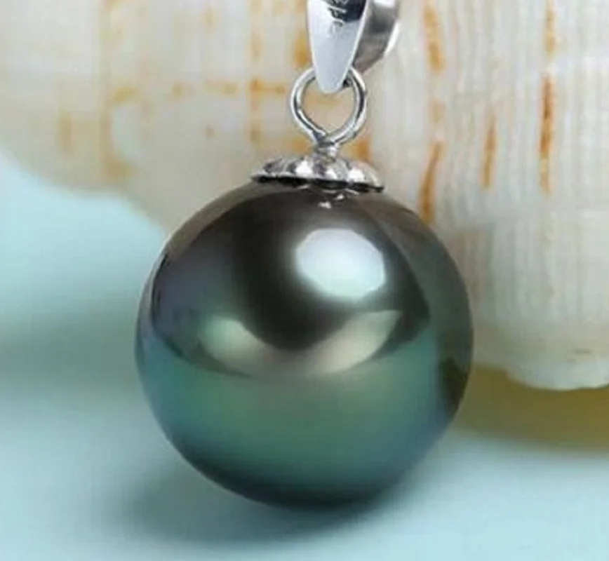 

Huge 14-15mm Genuine Black Green Perfect Round Pearl Pendant Necklace Women Jewelry Wedding Party Gift 925 Sterling Silver 3688