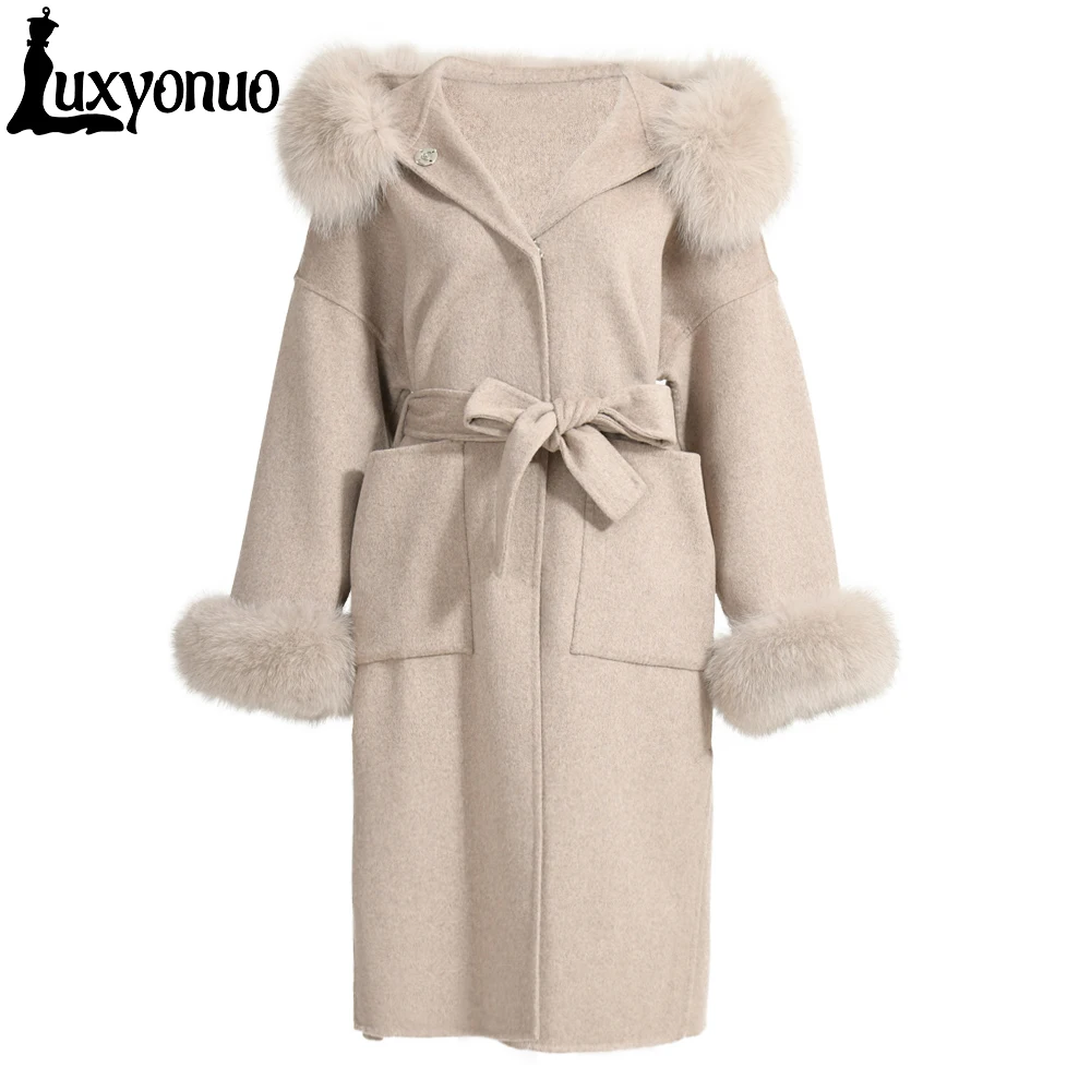 

Luxyonuo 2022 Real Fur Coat Winter Jacket Women Natural Fox Fur Collar Cuffs Hooded Cashmere Wool Blend Long Trench Outerwear