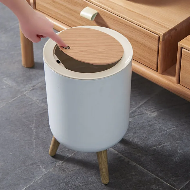 

1pc Free-standing Garbage Can, Press Type Trash Can With Lid, Creative High Legged Circular Household Wastebasket, Home Essentia