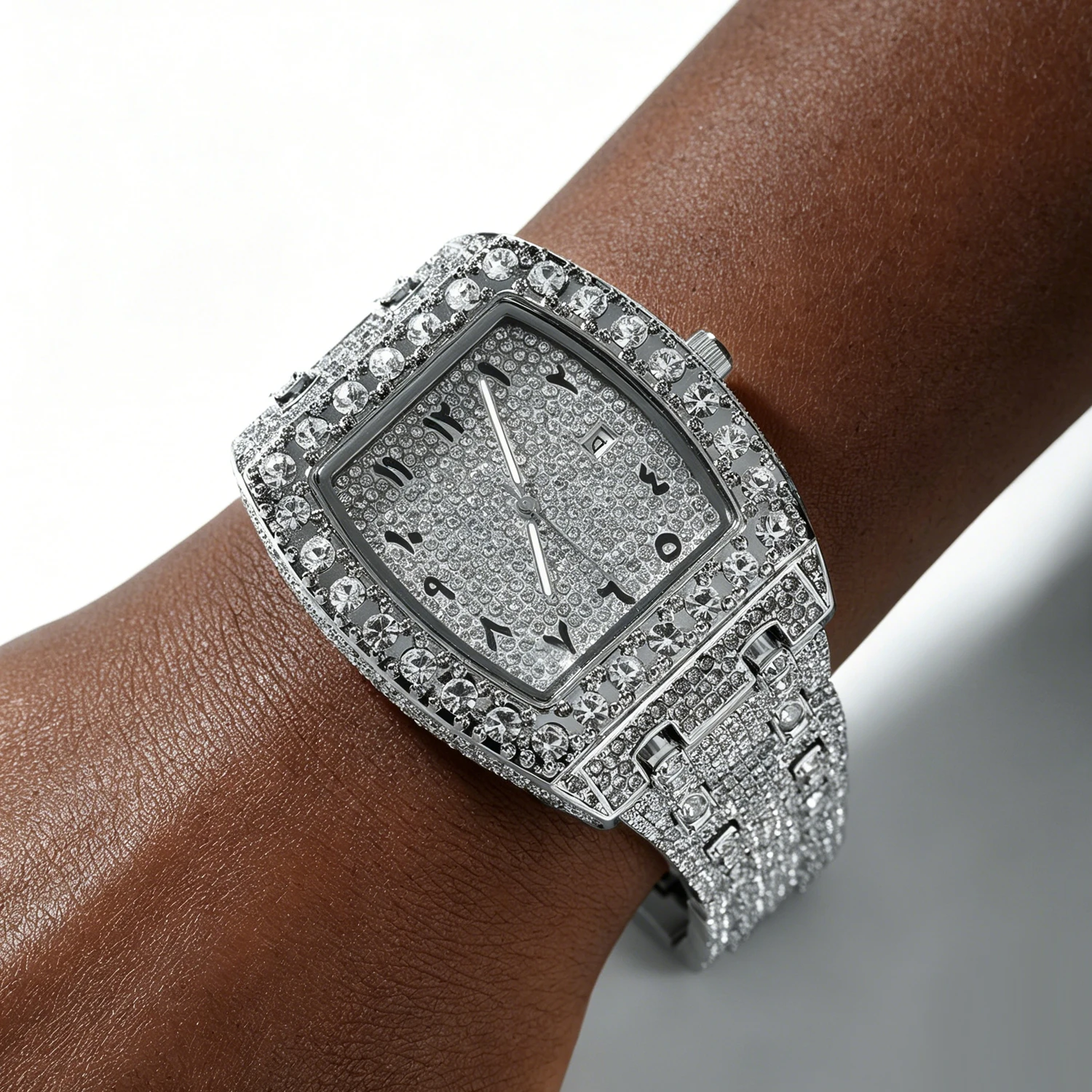 TBTK Luxury Hip Hop Bling Watch with Arabic Numerals Dial Full Paved Rhinestone Square Quartz Watch Streetwear Gift for Men