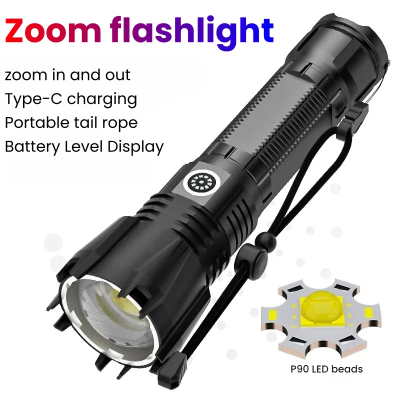 High-power P90 LED Flashlight TYPE-C Rechargeable Zoom Spotlight Waterproof Torch for Outdoor Camping and Hunting