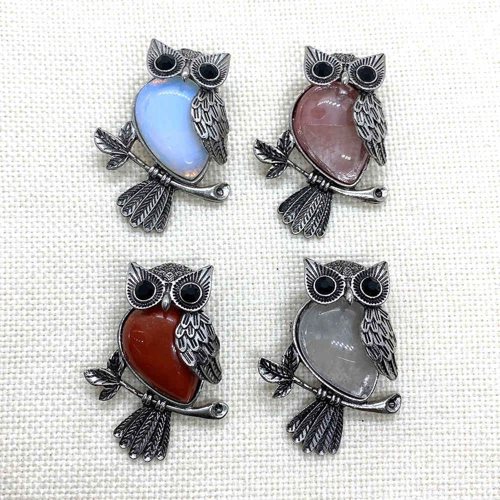 Zinc Alloy Inlay Red Agate Pendant 35x46mm Natural Stone Owl Shaped Tiger Eye Brooch Charm Jewelry DIY Necklace Accessories