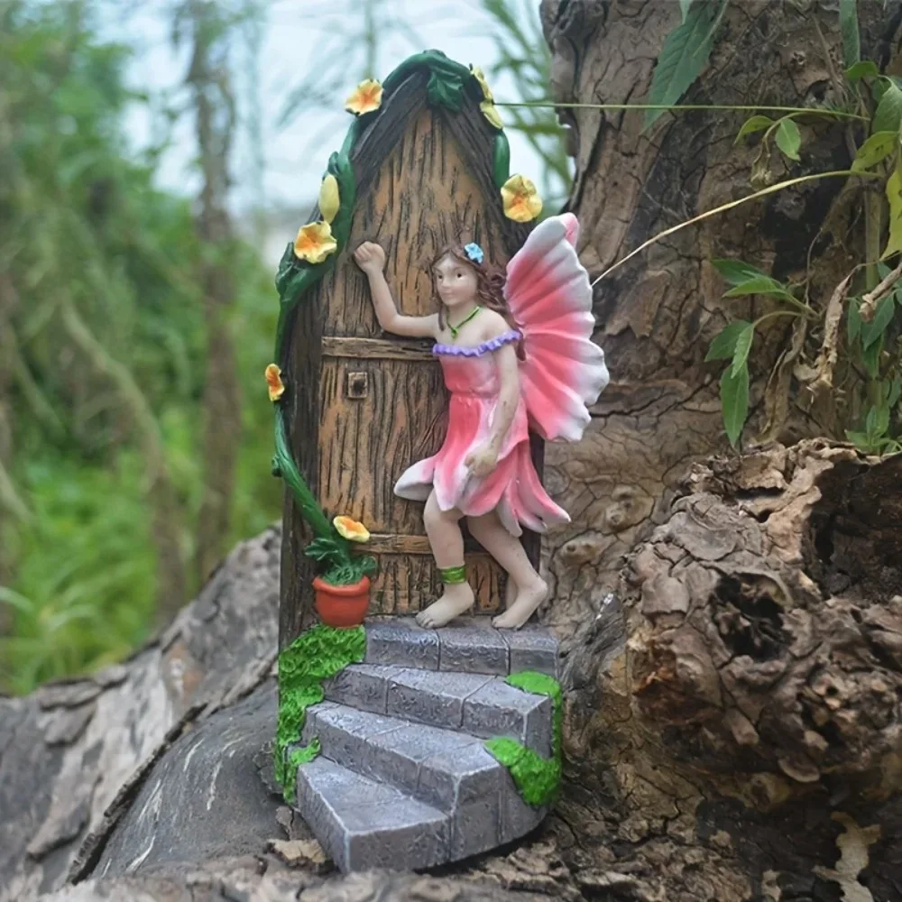 Cute Elf Knocking Garden Decoration Statue Resin Garden Ornaments Resin Elf Weather Resistant Fairy Door Garden