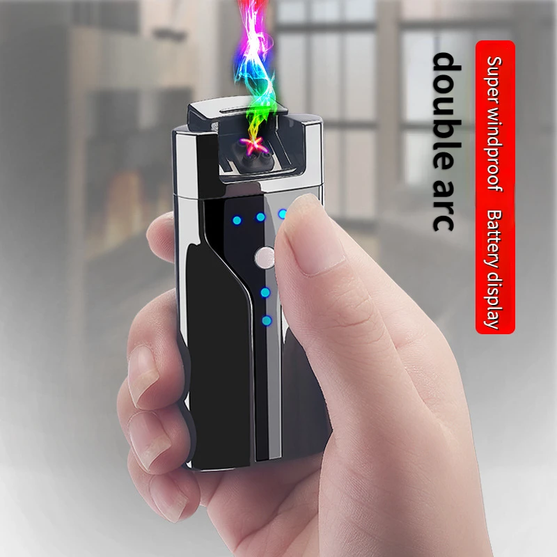 The Latest Men\'s Metal Windproof Arc Lighter Universal USB Electronic Charging Cigarette Lighter Intelligent Glare Power Display