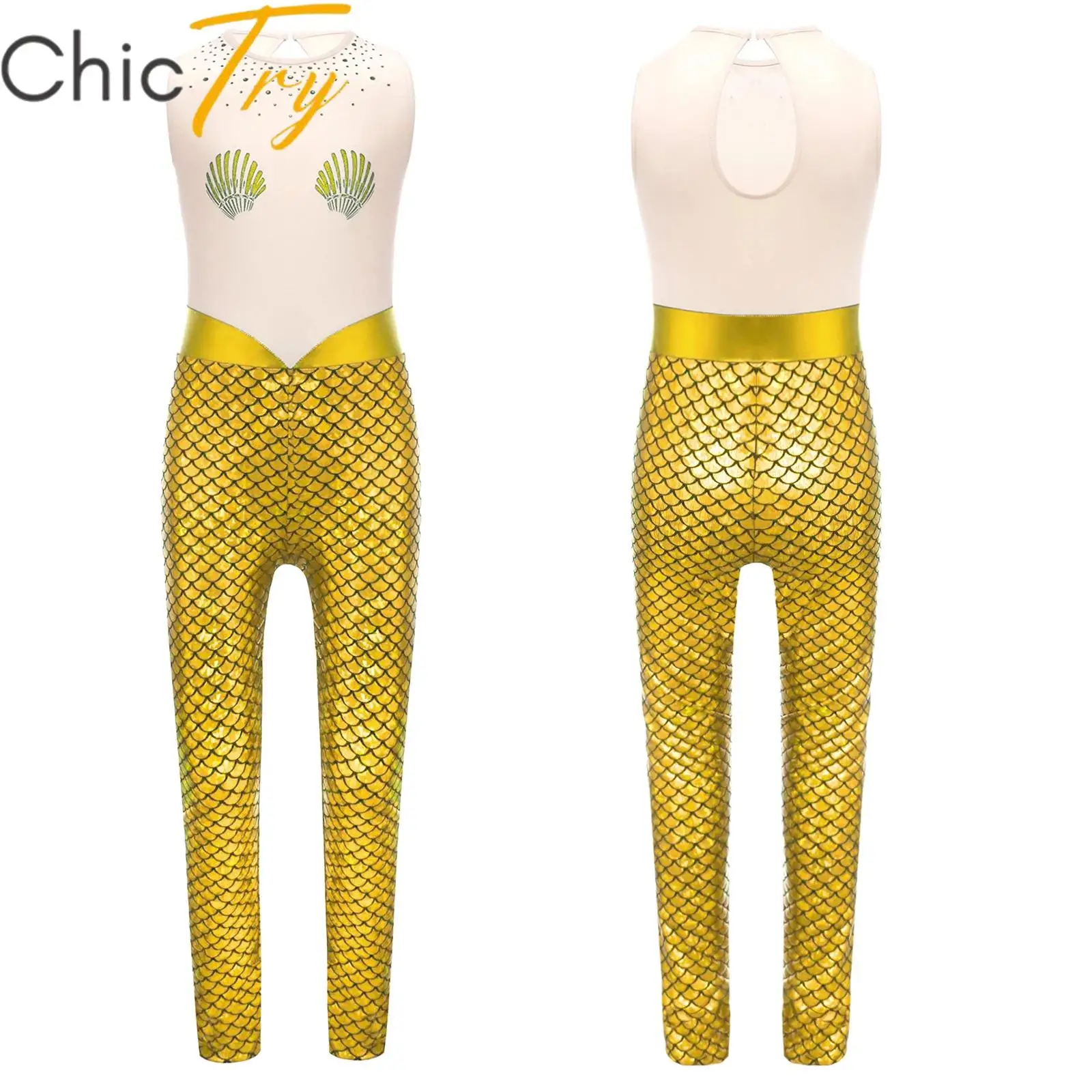 

Kids Girls Mermaid Cosplay Costume Fish Scale Roleplay Romper Rhinestones Long Pants Jumpsuit Theme Party Stage Performances