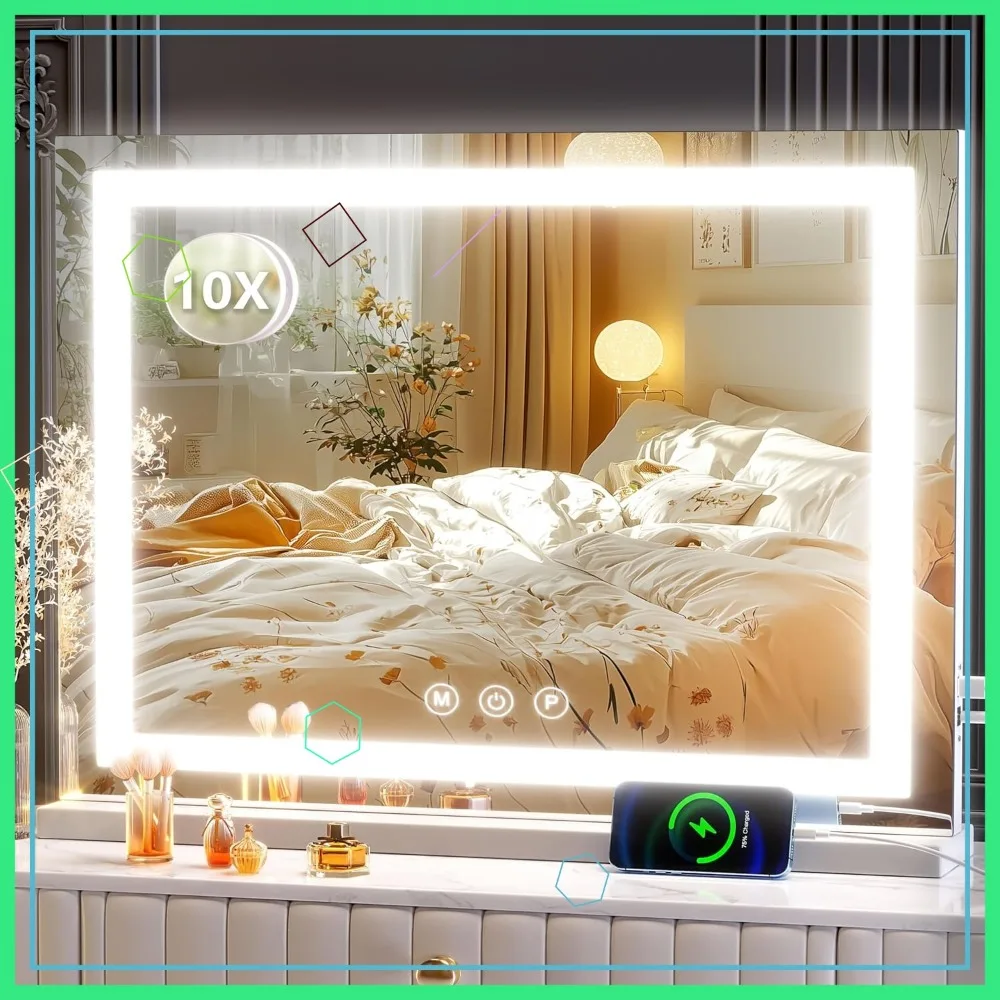 

24" x 19" Large LED Makeup Mirror with USB Charging, 10X Magnification, Dimmable Touch Control & Wall Mount