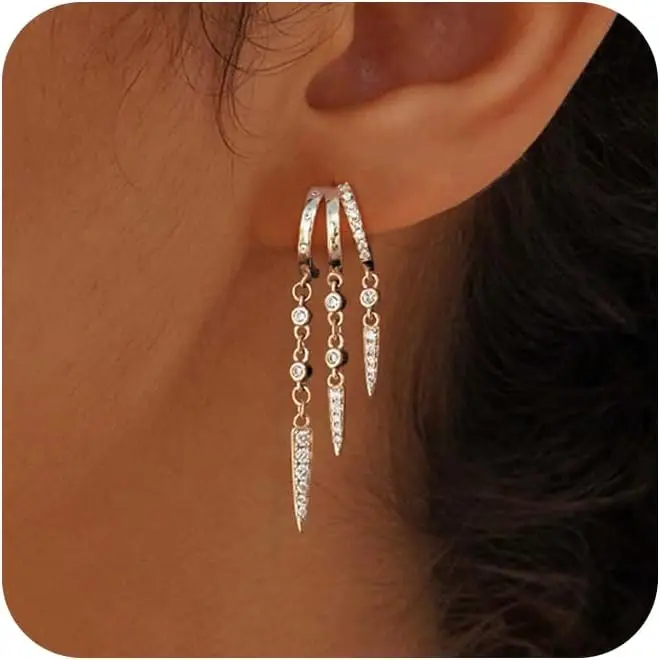 Damen-Ohrringe, 14 Karat echtes Gold vergoldet, dreifache Huggie-Ohrstecker, Statement-Kettenohrring, zierliche Tropfenohrringe, Schmuck, Geschenk