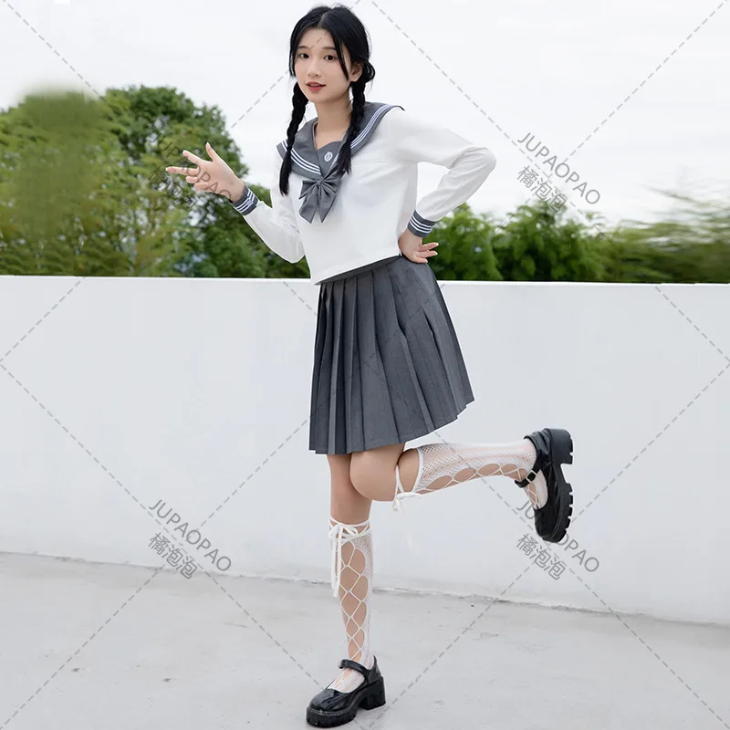 Japanse School Seifuku Meisjes Grey Matroos Jurk Shirts Student Jk Uniformen Koreaanse Geplooide Rok Set Kawaii Schoolmeisje Kostuum