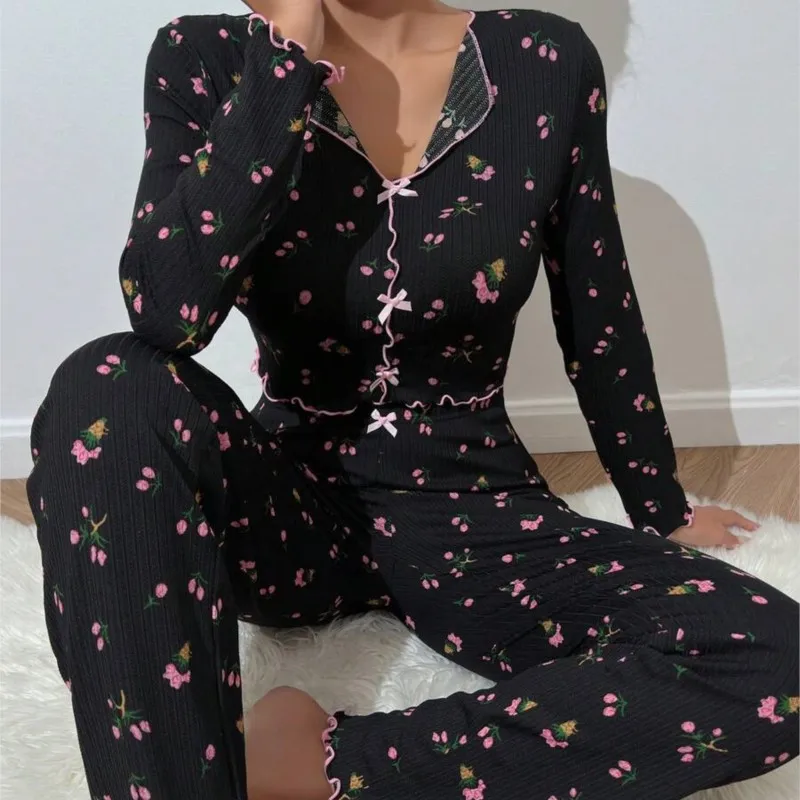 2Pcs/Set Women Long Sleeve Top And Long Pants Printing Pajamas Suit Bow Decor Top Nightwear Suits High Waist Pants Sleepwear Set