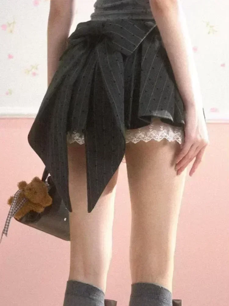 

Дизайнерская серая плиссированная юбка с бантом, женская кружевная лоскутная мини-юбка, 2024, летняя модная полосатая юбка в горошек в стиле Лолиты, Cutecore