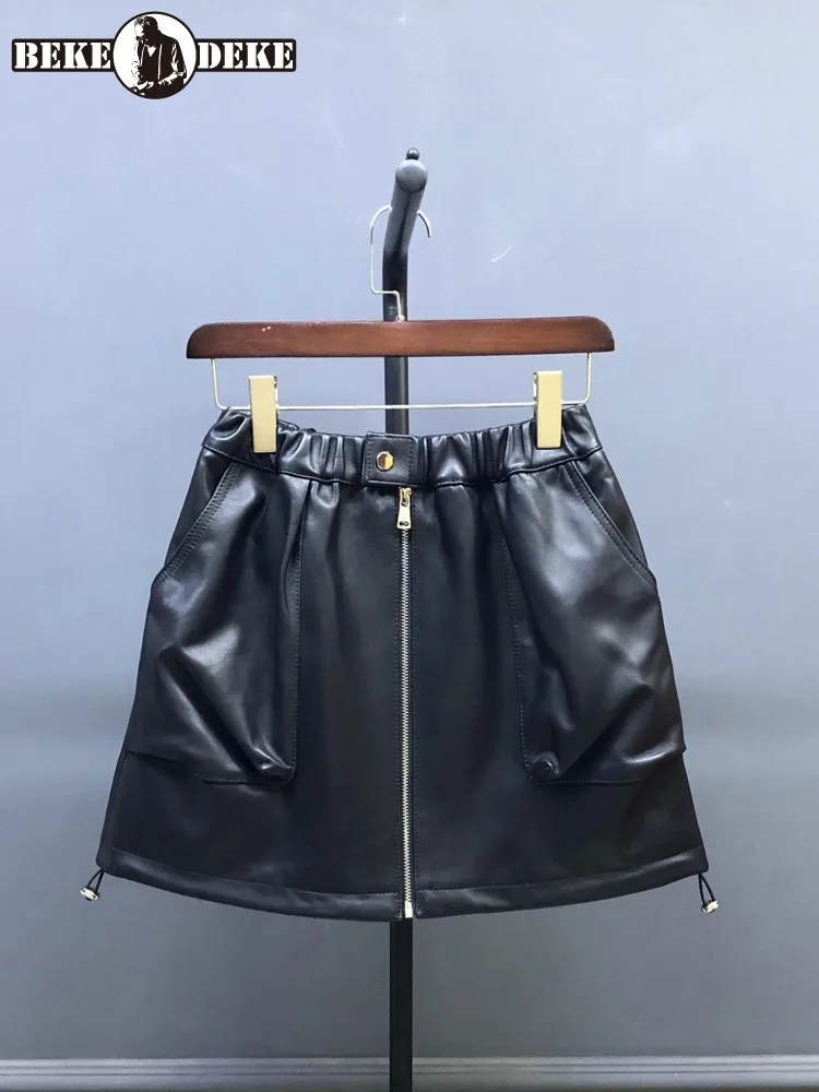 Casual Women Elastic Waist Genuine Leather Skirt 4XL Zipper Streetwear Fashion A Line Skirts Ladies Autumn Black Sheepskin Skirt